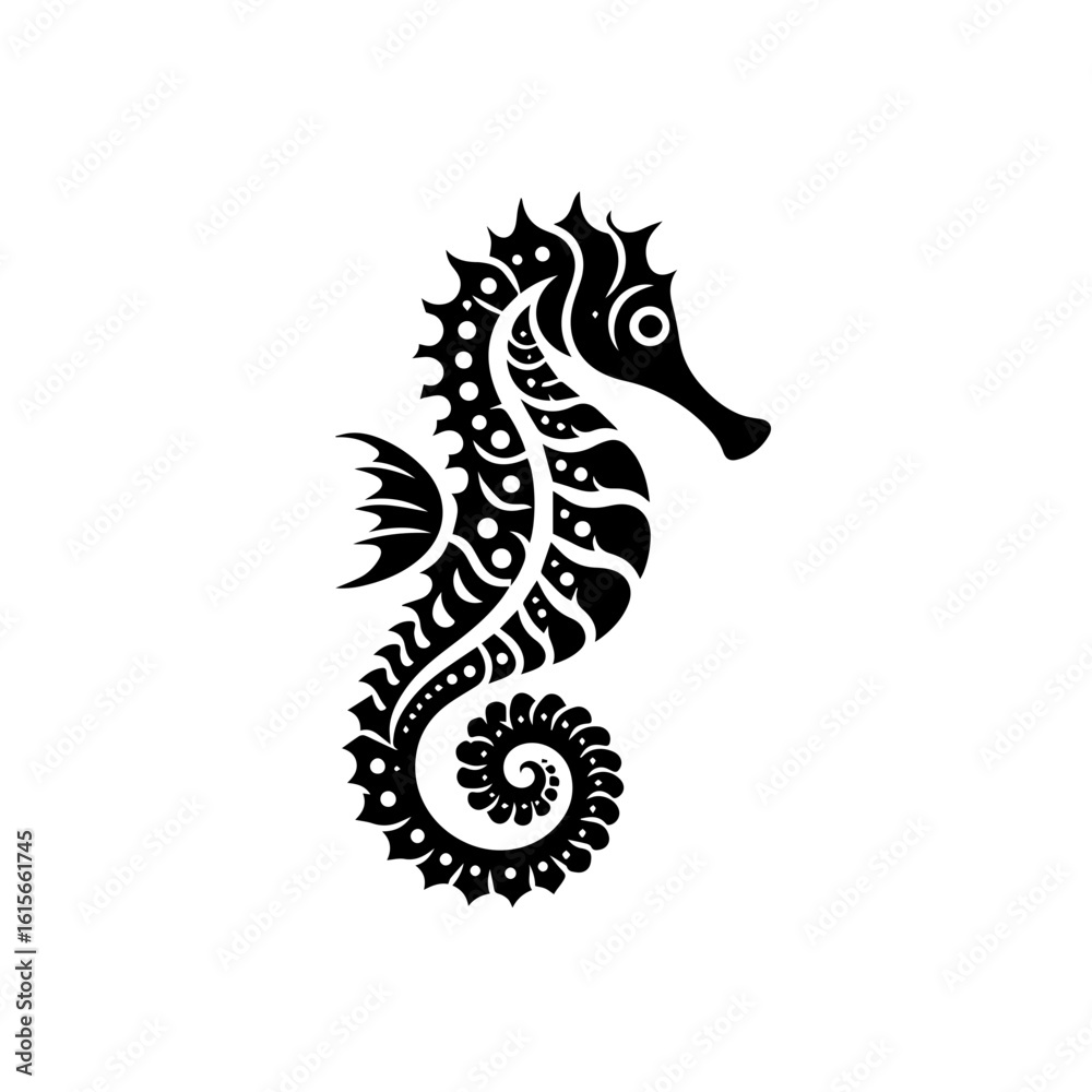 Fototapeta premium Stylized Black Seahorse Silhouette with Intricate Ornate Patterns.