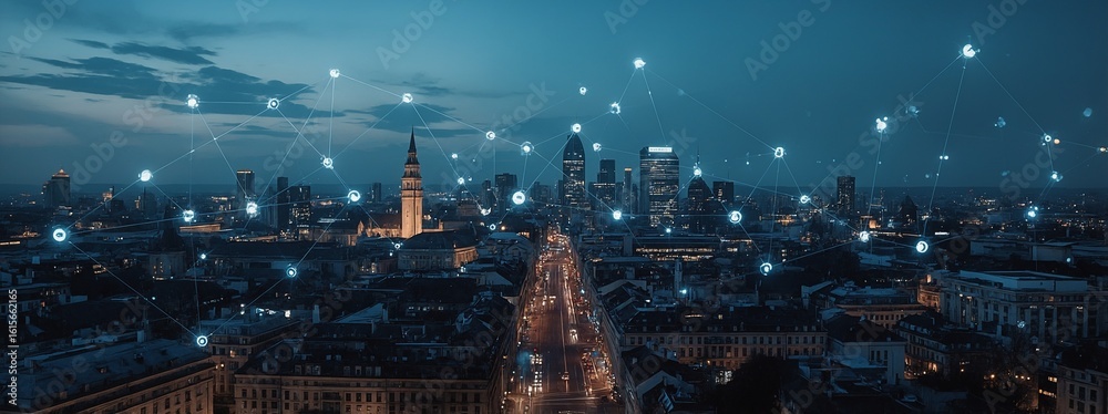 Fototapeta premium Stylized Munich skyline blended with digital connection overlays, soft evening lighting, elegant tech-infused cityscape, blue and silver color palette