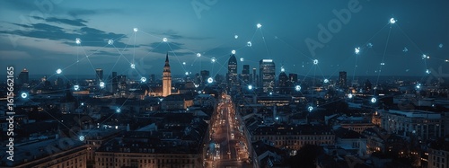 Stylized Munich skyline blended with digital connection overlays, soft evening lighting, elegant tech-infused cityscape, blue and silver color palette
