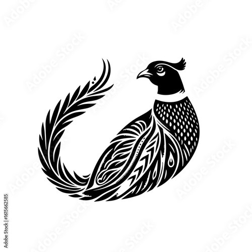 Stylized Black Silhouette of a Pheasant with Intricate Feather Patterns.