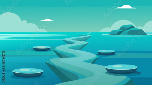 Abstract blue landscape with winding path and stepping stones