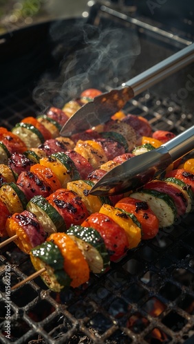 Vegetable skewers grilling over an open flame with metal tongs holding the cooked food items