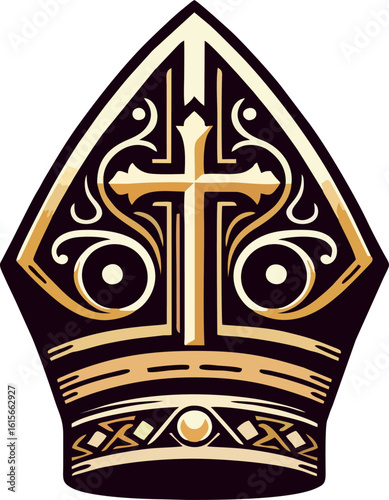 Minimalist Pope Mitre Vector with Central Gold Cross and Decorative Religious Elements