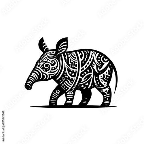 Stylized Black Tapir with Intricate Tribal Patterns and Protruding Snout.