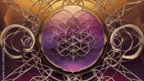 Intricate abstract artwork featuring geometric patterns and a mandala design in warm gold and deep purple hues