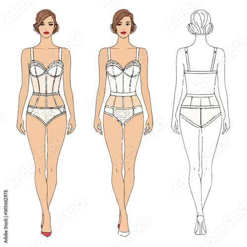 Vector body sketch of a female model in undergarments ideal for clothing development