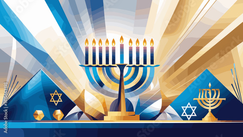 Striking graphic design of a menorah with candles, Stars of David, and geometric shapes in blue and gold