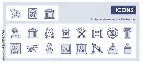 Vector art of collection of museum and art gallery icons depicting historical artifacts and exhibits