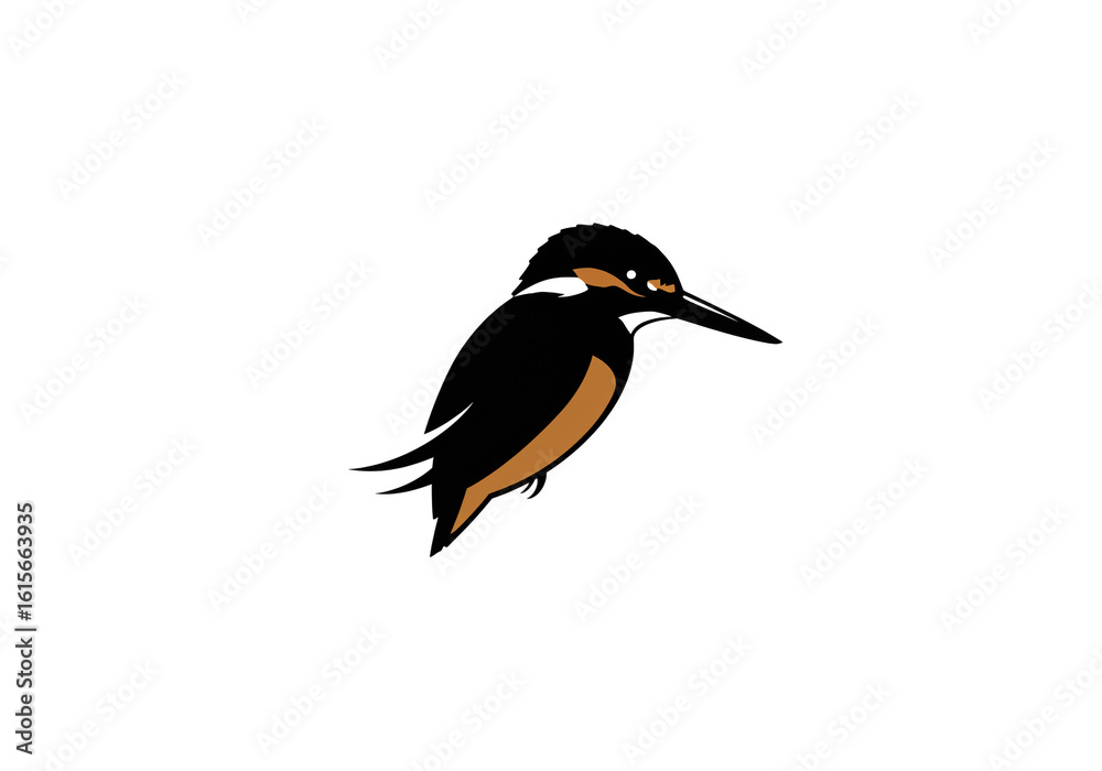 Fototapeta premium Illustration of a black and brown kingfisher bird with a long beak on white background