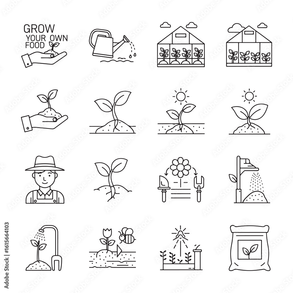 Naklejka premium Gardening, Agriculture line icon set. Vector pictograms of grow your own food, seedling, farmer, pollination, fertilizer thin linear illustration