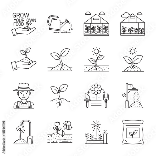 Gardening, Agriculture line icon set. Vector pictograms of grow your own food, seedling, farmer, pollination, fertilizer thin linear illustration