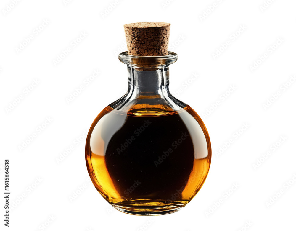 Elegant glass bottle containing amber liquid sealed with a natural cork stopper on transparent background Elegant glass bottle containing amber liquid sealed with a natural cork stopper on transparent background