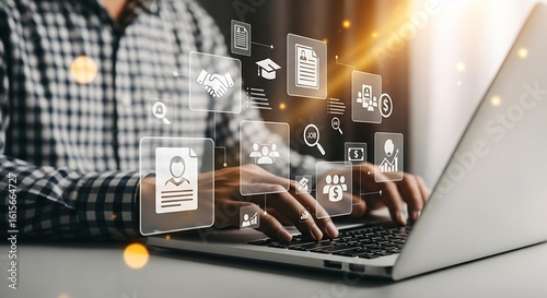 Business Professional Networking Online: Man Typing on Laptop with Job Search, Recruitment, and Finance Icons