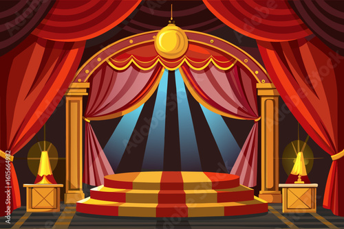 Grand theater stage with red curtains and spotlight