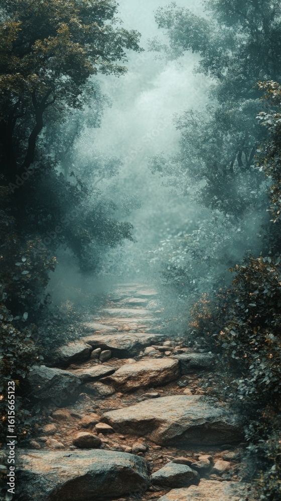 Fototapeta premium Walking on Stone Path Through Misty Woods Landscape