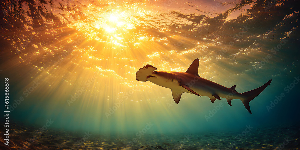 Fototapeta premium Hammerhead Shark Silhouette in Golden Ocean Sunset