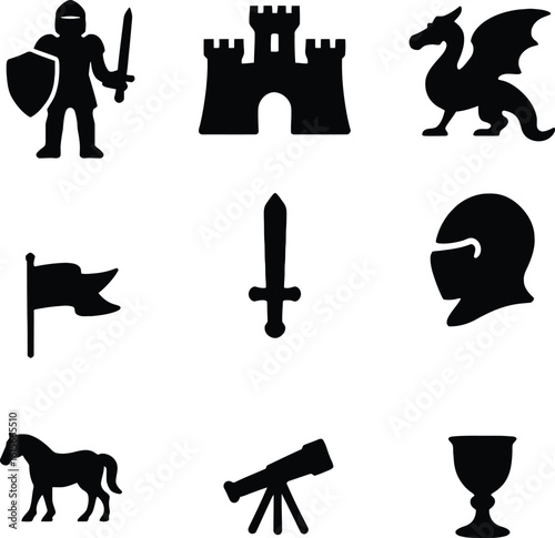 Collection of medieval icons knight castle dragon sword flag helmet horse telescope and chalice