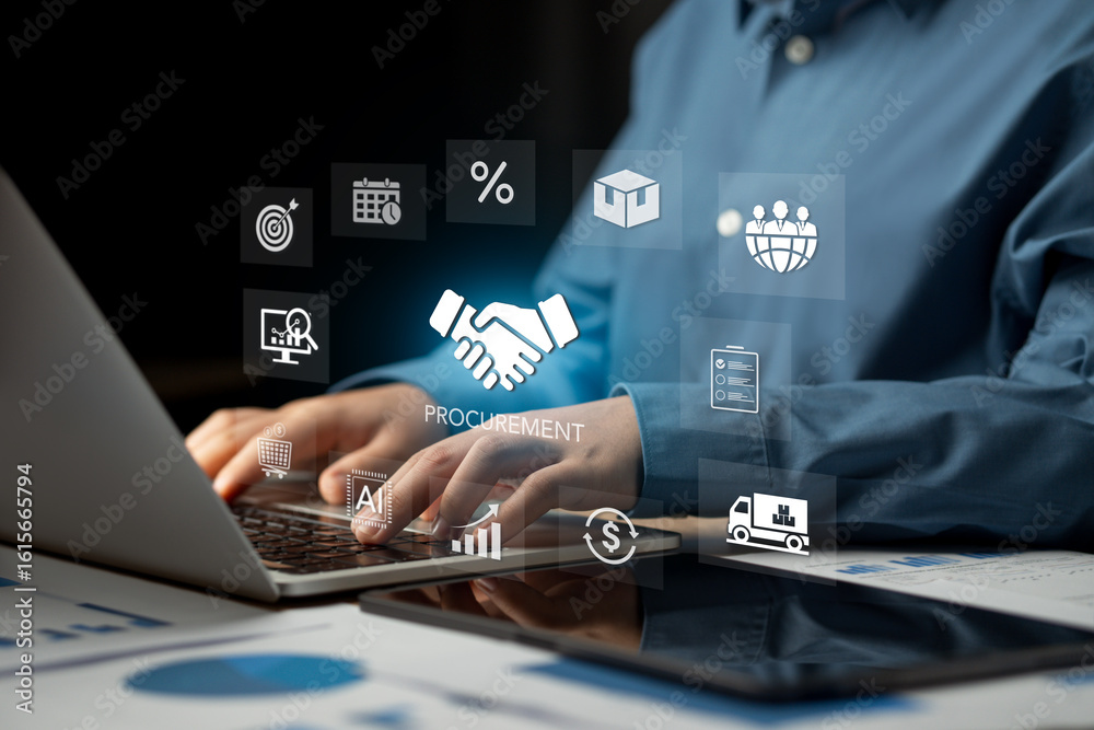 Naklejka premium Procurement Management Concept Procurement operators use digital systems to manage and administer external resources to achieve business goals. Innovative B2B supplier management.