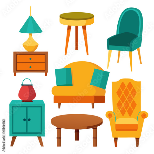 A charming collection of colorful furniture including chairs tables and nightstands all rendered in a flat cartoon style perfect for adding a touch of whimsy