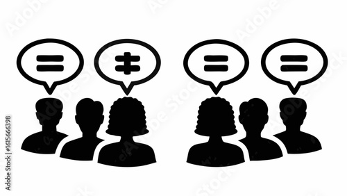 Black and white illustration showing groups of people with equality and inequality symbols above them silhouette