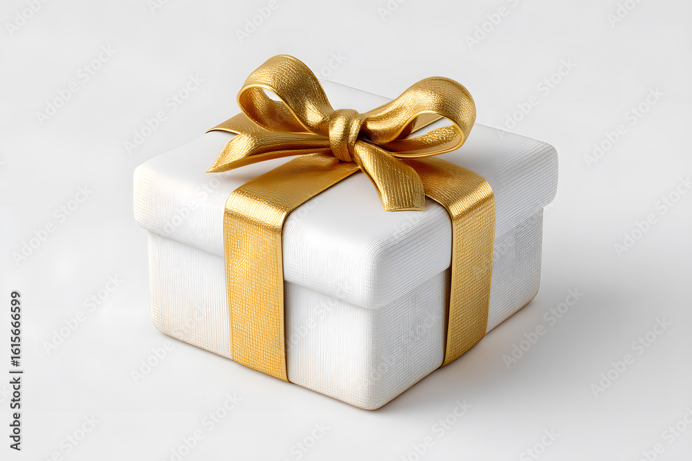 Obraz premium Classic white gift box wrapped with golden satin ribbon and neat bow, isolated on white. A versatile and elegant image for holiday branding and marketing.