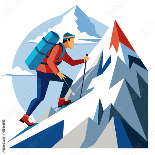 Illustrated Mountain Climber Ascending a Snowy Peak with a Large Backpack and Trekking Pole Set Against a Stylized Mountain Landscape in a Graphic Design Style