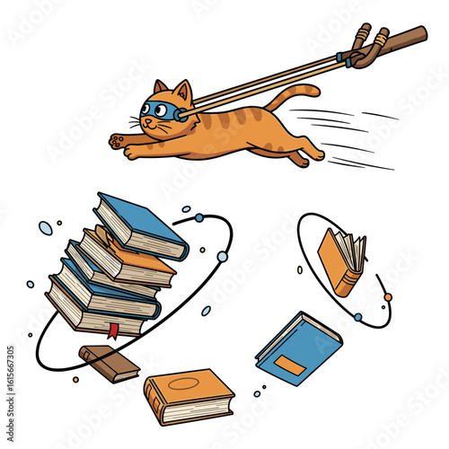 Dynamic Cat Launched by Slingshot with Swirling Books, Rapid Learning Concept