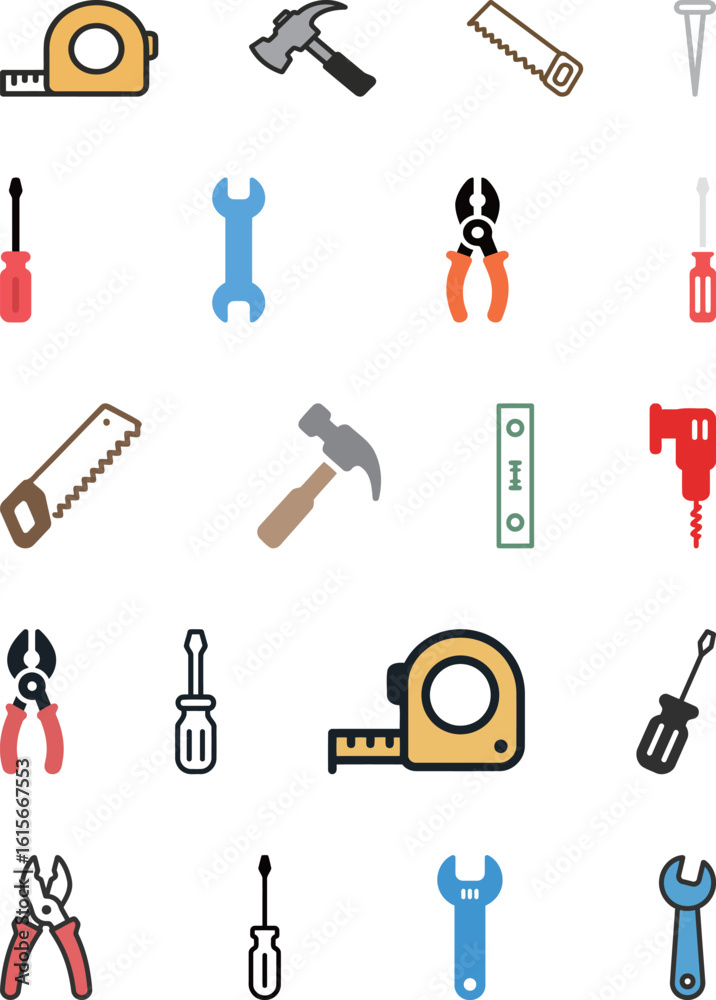 Obraz premium Comprehensive set of construction and handyman tool icons, including tape measure, hammer, saw, nail, screwdriver, wrench, pliers, and drill, for repair and building.