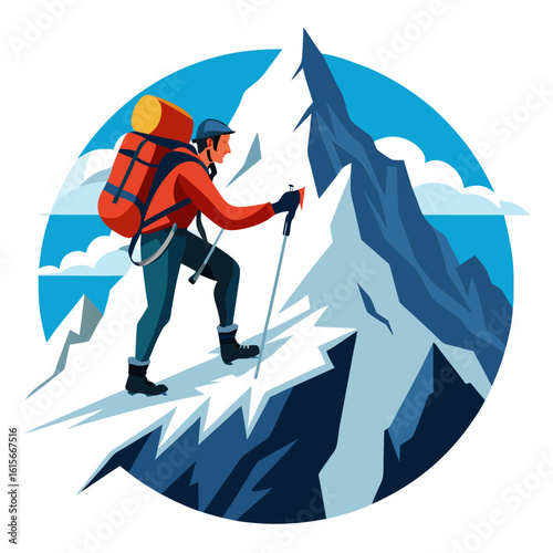 Illustrated Mountain Climber Ascending a Snowy Peak A Bold Graphic Depiction of Adventure and Determination Against a Backdrop of Towering Mountains and a Bright Blue