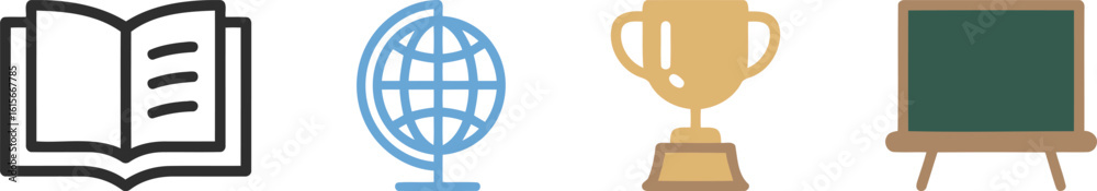Educational and academic icons featuring an open book, globe, trophy, and blackboard, symbolizing learning, knowledge, success, and school. Educational and academic icons featuring an open book, globe, trophy, and blackboard, symbolizing learning, knowledge, success, and school.
