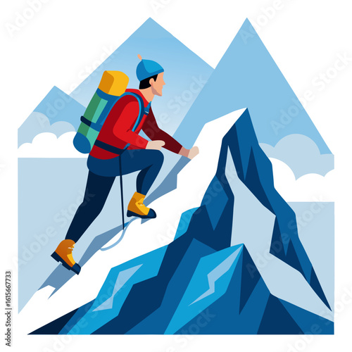A Determined Mountain Climber Ascends a Snowy Peak Equipped with Gear and a Sense of Adventure Set Against a Backdrop of Majestic Cloud Kissed Mountains
