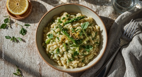 Wallpaper Mural A bowl of orzo pasta with asparagus and herbs next to a lemon slice and a fork on a table Torontodigital.ca