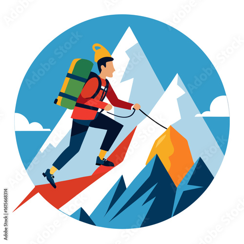 A stylized illustration of a mountain climber ascending a peak set against a backdrop of snow capped mountains and a blue sky within a circular