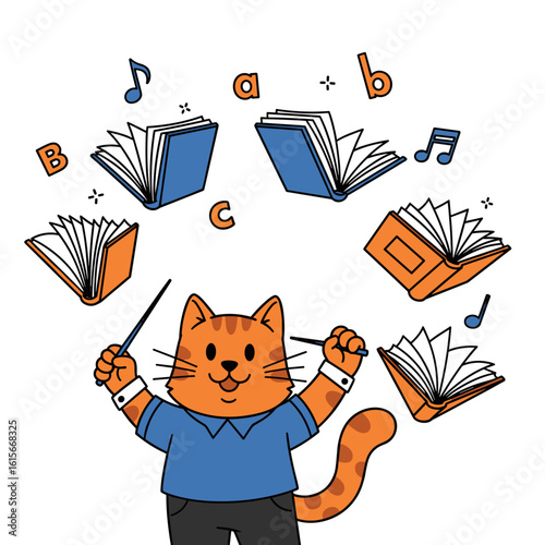 Cat Orchestra Conductor Harmonizing Floating Books and Notes for Comprehensive Learning
