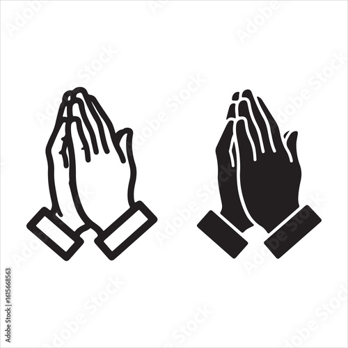 Two stylized representations of praying hands in black and white