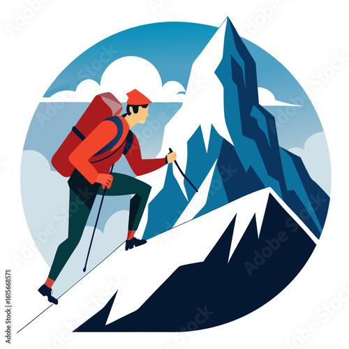 Illustrated Mountain Climber Ascending a Snowy Peak with Backpack and Trekking Poles Set Against a Blue Sky and Mountainscape in a Circular Frame stylized illustration