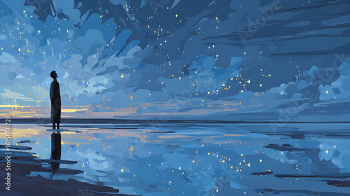 Silhouette of Person Gazing at Starry Night Sky over Calm Ocean Water