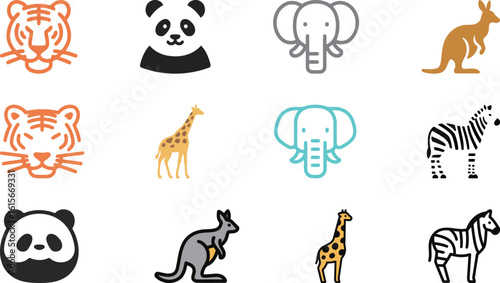 Captivating collection of wild animal icons featuring tigers, pandas, elephants, kangaroos, giraffes, and zebras, representing global wildlife diversity.