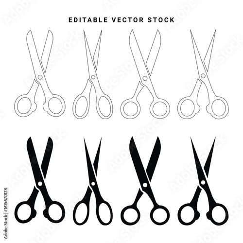 Collection of black scissors icons set in both fill and outline style. scissor silhouette icons. Editable vector stock