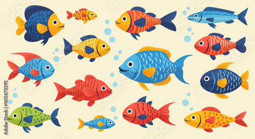 Vector Pattern of Colorful Fish in Modern Organic Style with Bright Vibrant Colors