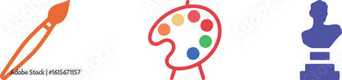 Artistic and creative icons including a paintbrush, paint palette, and bust statue, symbolizing art, creativity, painting, sculpture, and aesthetic expression.