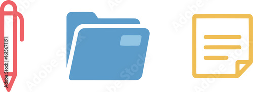 Essential office and document icons featuring a pen, folder, and document, representing work, organization, writing, and information management.