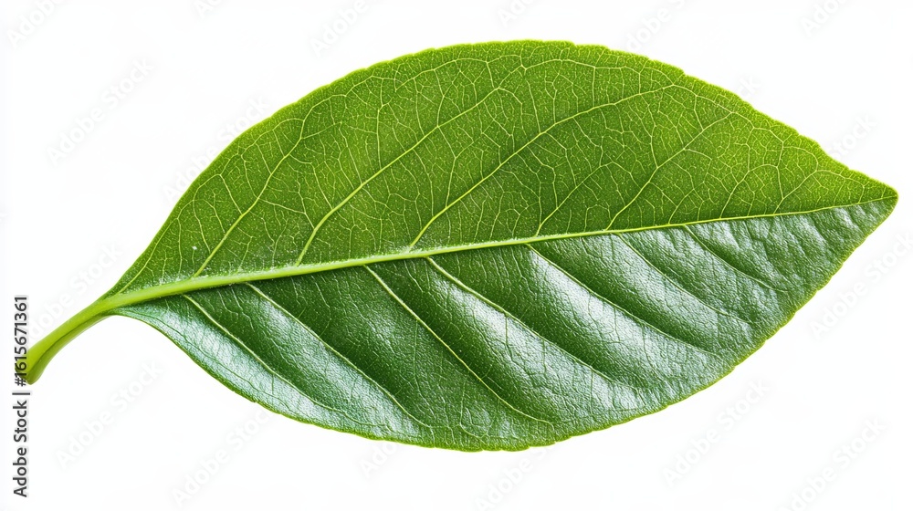 Fototapeta premium A vibrant, single, green leaf with prominent veins, isolated on a white background. Detailed texture visible