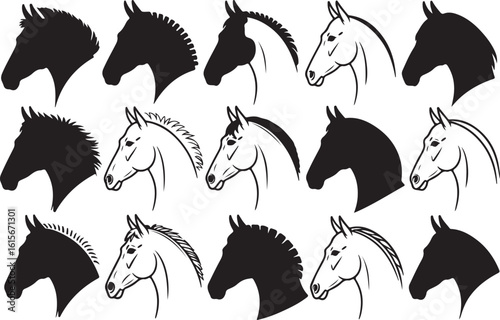 Stylized horse head silhouettes and outlines