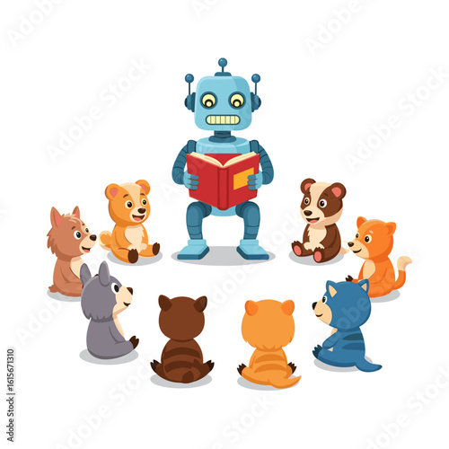 Friendly Robot Reading Storybook to Circle of Cute Cartoon Baby Animals