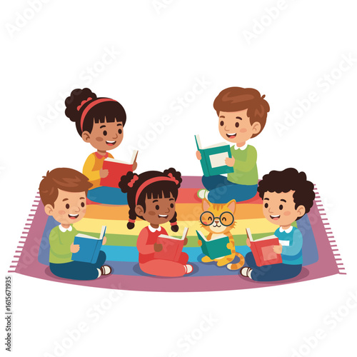 Diverse Children and Cute Cat Reading Books Together on Rainbow Blanket