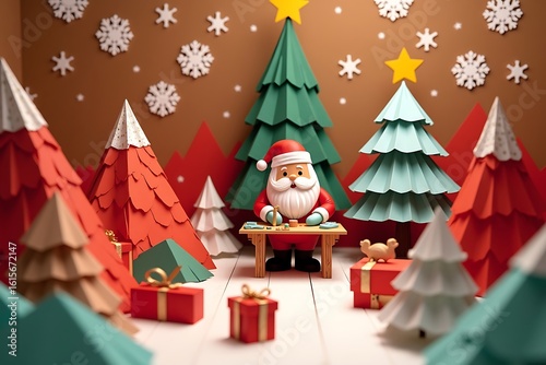 Cartoon Santa Claus surrounded by paper Christmas trees and gifts