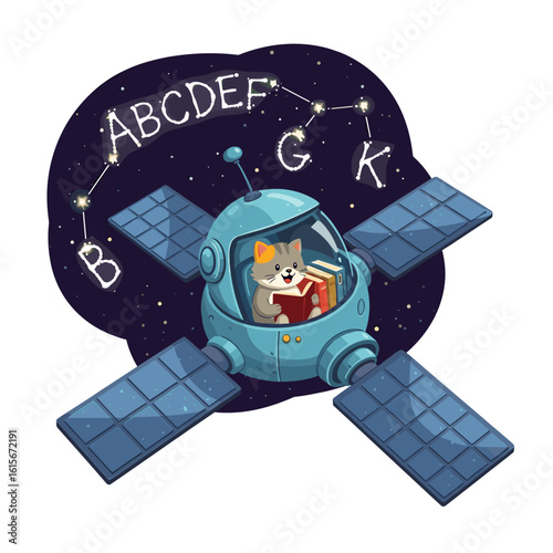 Cartoon Cat Astronaut Reading Book in Spaceship with Star Constellations