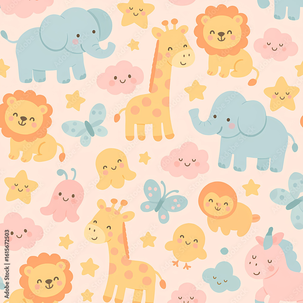 Fototapeta premium Cute Pastel Cartoon Animal Illustration Repeating Pattern for Textile Print