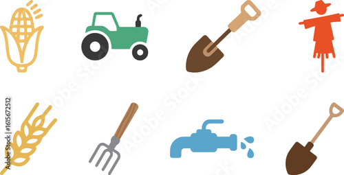 Diverse set of farming and agriculture icons featuring corn, tractor, shovel, scarecrow, wheat, pitchfork, and water tap, symbolizing rural life and cultivation.